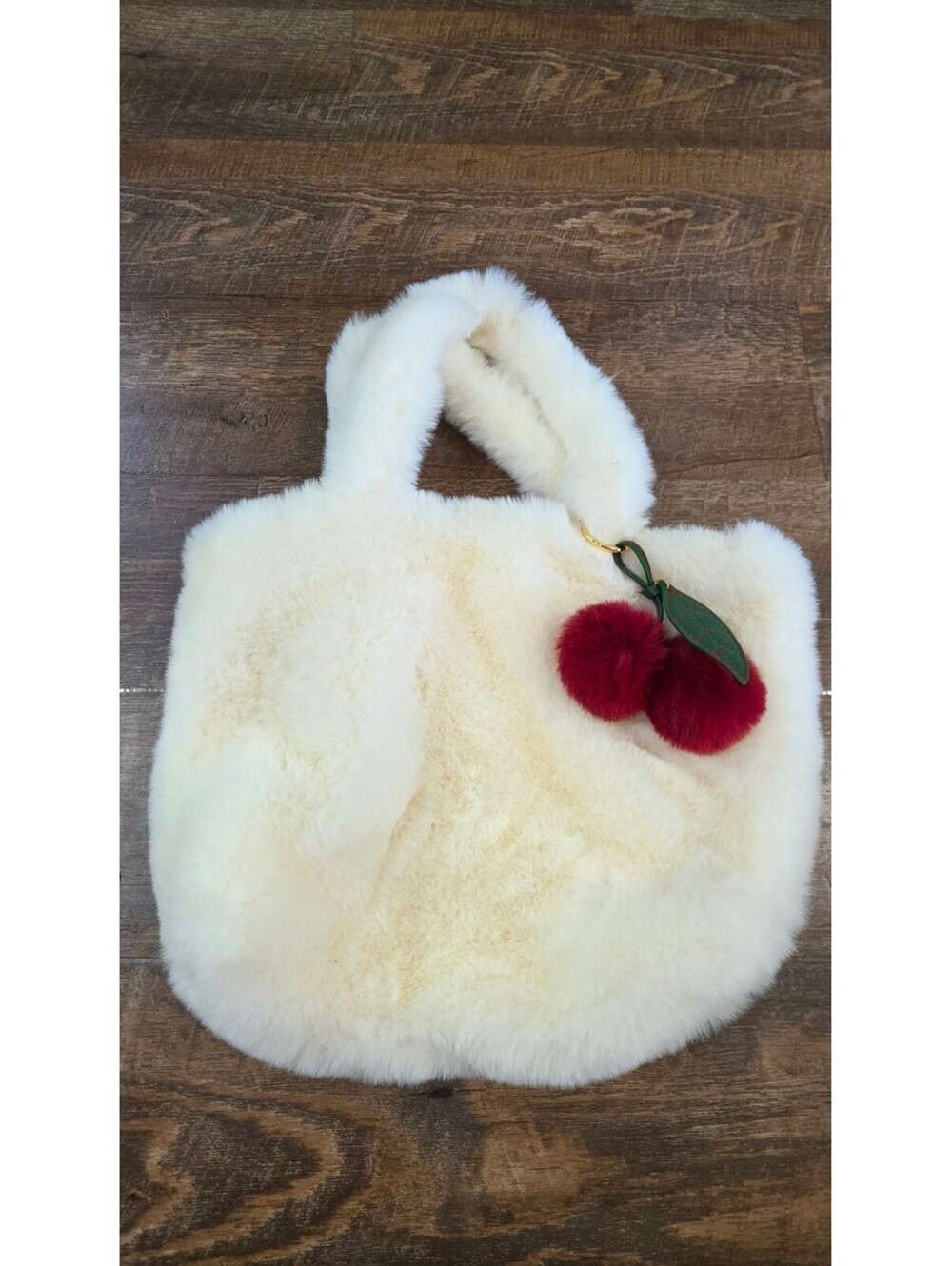 White Faux Fur Tote Bag with Cherry Charm